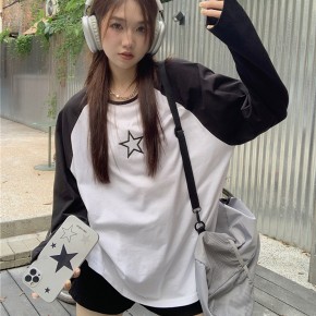 배색 별 자수 루즈핏 나그랑 티셔츠 URD-554