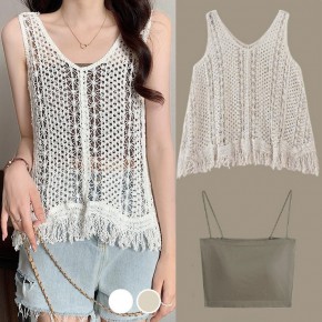 빈티지 패턴 뷔스티에 레이어드 나시 조끼 세트  URD-556