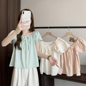 여성 밴딩 넥라인 리본 듀얼 소매 반팔 블라우스 URK-555