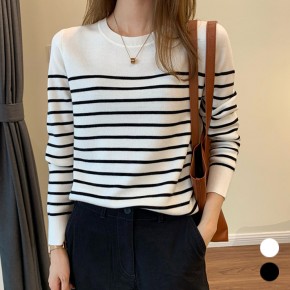 여자 스트라이프 라운드넥 니트 긴팔 티셔츠 URK-535