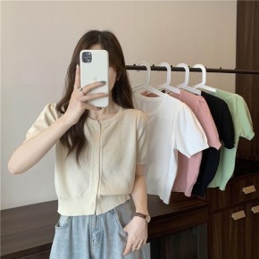 여성 라운드넥 밑단 트임 니트 반팔 가디건 URK-578