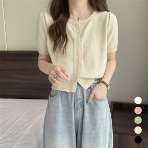 여성 라운드넥 밑단 트임 니트 반팔 가디건 URK-578