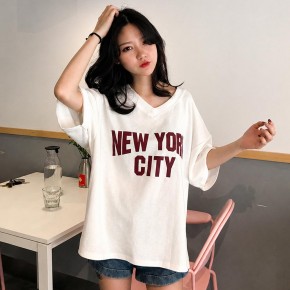 여성 브이넥 빅 레터링 뉴욕 오버핏 반팔 티셔츠 URK-581